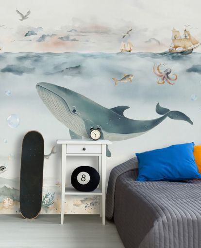 murale blu e grigio sull'oceano per bambini chiamato Gentle Ocean di Elena Pavlova per asili nido e camere da letto murale blu e grigio sull'oceano per bambini chiamato Gentle Ocean di Elena Pavlova per asili nido e camere da letto