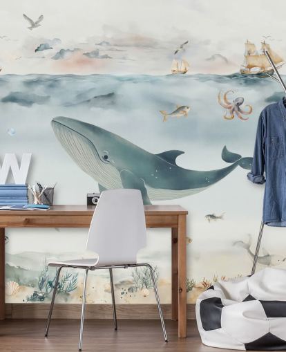 mural oceânico infantil azul e cinza chamado Gentle Ocean, de Elena Pavlova, para creches e quartos