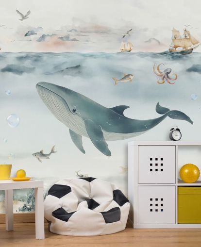 blauwe en grijze oceaanmuurschildering voor kinderen genaamd Gentle Ocean van Elena Pavlova voor kinderdagverblijven en slaapkamers