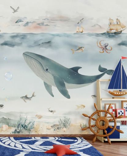 blå och grå barns havväggmålning kallad Gentle Ocean av Elena Pavlova för plantskolor och sovrum