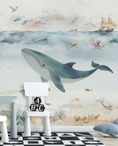 murale blu e grigio sull'oceano per bambini chiamato Gentle Ocean di Elena Pavlova per asili nido e camere da letto murale blu e grigio sull'oceano per bambini chiamato Gentle Ocean di Elena Pavlova per asili nido e camere da letto