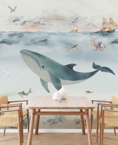 blå og grå børns havmaleri kaldet Gentle Ocean af Elena Pavlova til børnehaver og soveværelser