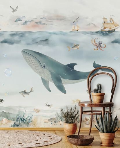 blaues und graues Meereswandbild für Kinder namens Gentle Ocean von Elena Pavlova für Kinder und Schlafzimmer