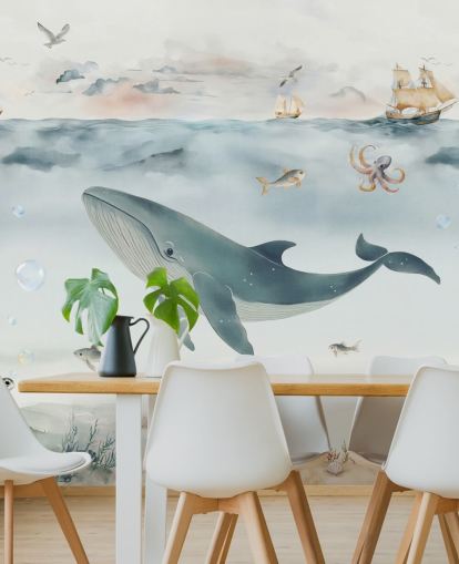 mural marino infantil azul y gris llamado Gentle Ocean de Elena Pavlova para guarderías y dormitorios