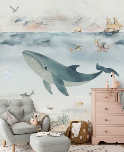 blauwe en grijze oceaanmuurschildering voor kinderen genaamd Gentle Ocean van Elena Pavlova voor kinderdagverblijven en slaapkamers blauwe en grijze oceaanmuurschildering voor kinderen genaamd Gentle Ocean van Elena Pavlova voor kinderdagverblijven en slaapkamers