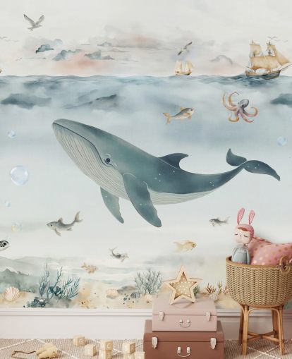 murale blu e grigio sull'oceano per bambini chiamato Gentle Ocean di Elena Pavlova per asili nido e camere da letto murale blu e grigio sull'oceano per bambini chiamato Gentle Ocean di Elena Pavlova per asili nido e camere da letto