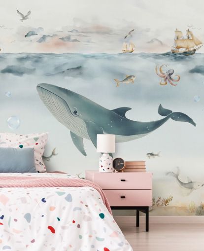murale blu e grigio sull'oceano per bambini chiamato Gentle Ocean di Elena Pavlova per asili nido e camere da letto