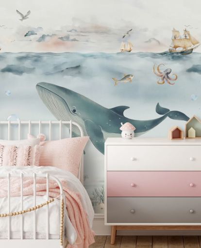 murale blu e grigio sull'oceano per bambini chiamato Gentle Ocean di Elena Pavlova per asili nido e camere da letto