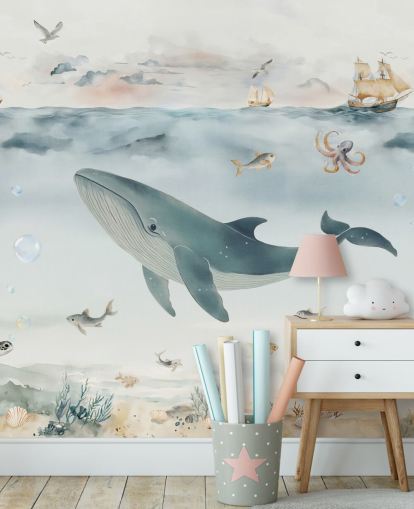 mural marino infantil azul y gris llamado Gentle Ocean de Elena Pavlova para guarderías y dormitorios