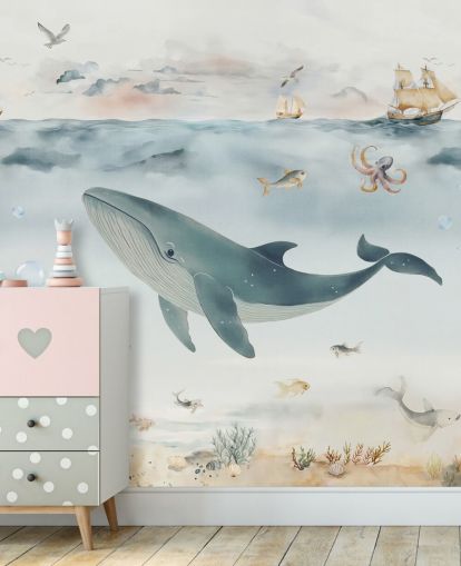 blått og grått barnas havmaleri kalt Gentle Ocean av Elena Pavlova for barnehager og soverom