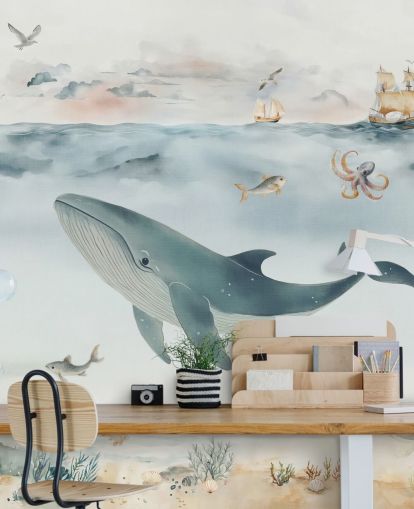 blue and gray children's ocean mural called Gentle Ocean by Elena Pavlova for nurseries and bedrooms