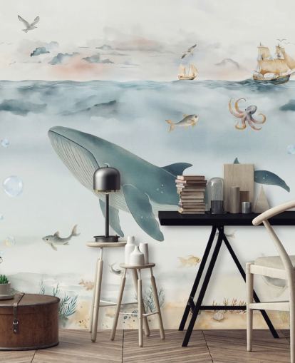 blue and gray children's ocean mural called Gentle Ocean by Elena Pavlova for nurseries and bedrooms