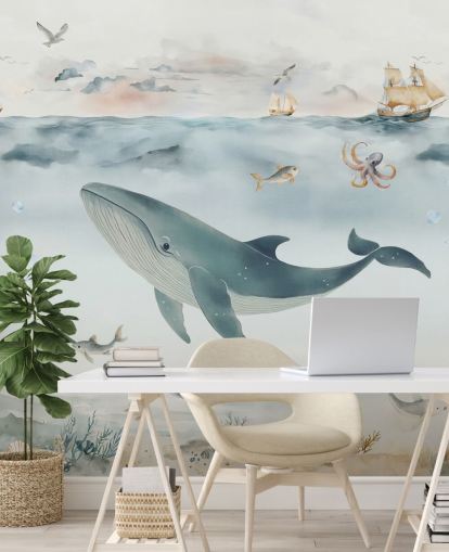 blue and grey children's ocean mural called Gentle Ocean by Elena Pavlova for nurseries and bedrooms