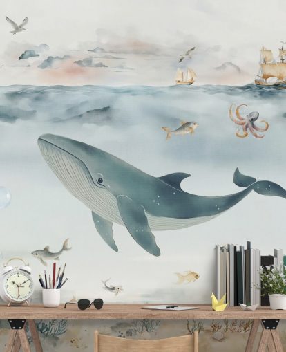 mural marino infantil azul y gris llamado Gentle Ocean de Elena Pavlova para guarderías y dormitorios