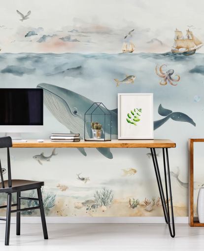 blue and gray children's ocean mural called Gentle Ocean by Elena Pavlova for nurseries and bedrooms