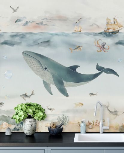 blue and grey children's ocean mural called Gentle Ocean by Elena Pavlova for nurseries and bedrooms blue and grey children's ocean mural called Gentle Ocean by Elena Pavlova for nurseries and bedrooms