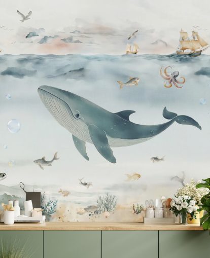 blue and gray children's ocean mural called Gentle Ocean by Elena Pavlova for nurseries and bedrooms blue and gray children's ocean mural called Gentle Ocean by Elena Pavlova for nurseries and bedrooms