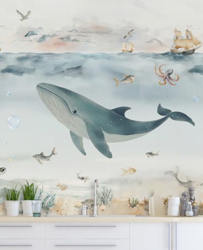 mural marino infantil azul y gris llamado Gentle Ocean de Elena Pavlova para guarderías y dormitorios
