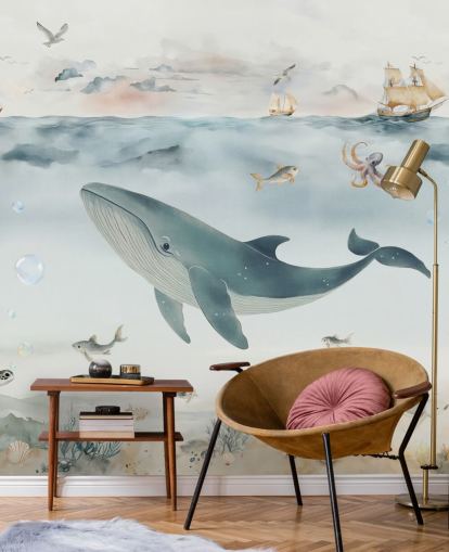mural oceânico infantil azul e cinza chamado Gentle Ocean, de Elena Pavlova, para creches e quartos