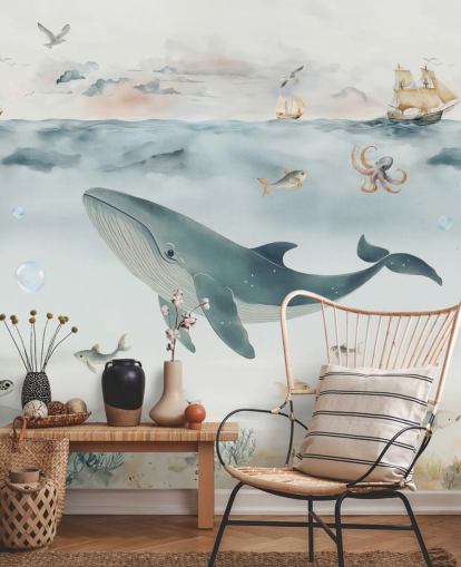 blue and gray children's ocean mural called Gentle Ocean by Elena Pavlova for nurseries and bedrooms