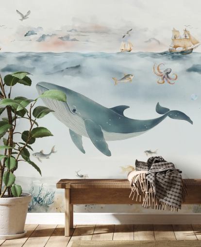 blue and grey children's ocean mural called Gentle Ocean by Elena Pavlova for nurseries and bedrooms