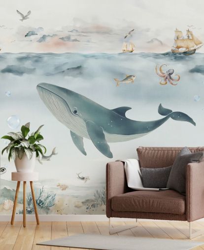 blue and gray children's ocean mural called Gentle Ocean by Elena Pavlova for nurseries and bedrooms