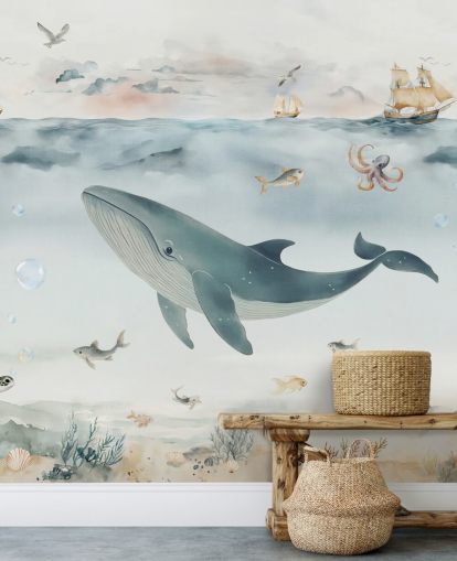 mural marino infantil azul y gris llamado Gentle Ocean de Elena Pavlova para guarderías y dormitorios
