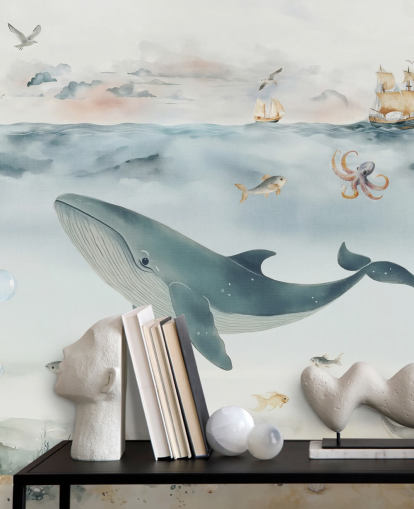 blue and gray children's ocean mural called Gentle Ocean by Elena Pavlova for nurseries and bedrooms