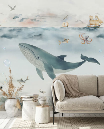 mural marino infantil azul y gris llamado Gentle Ocean de Elena Pavlova para guarderías y dormitorios mural marino infantil azul y gris llamado Gentle Ocean de Elena Pavlova para guarderías y dormitorios