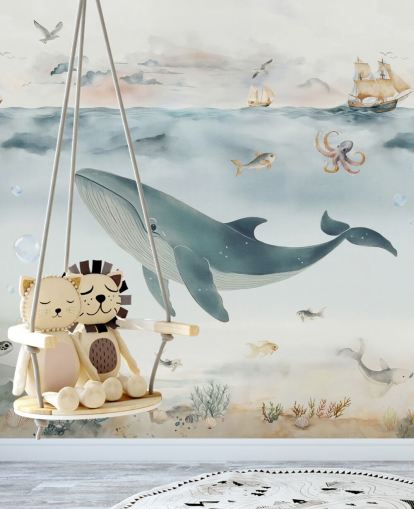 blue and grey children's ocean mural called Gentle Ocean by Elena Pavlova for nurseries and bedrooms