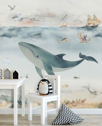 blått og grått barnas havmaleri kalt Gentle Ocean av Elena Pavlova for barnehager og soverom