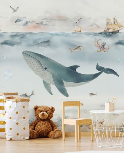 blue and grey children's ocean mural called Gentle Ocean by Elena Pavlova for nurseries and bedrooms
