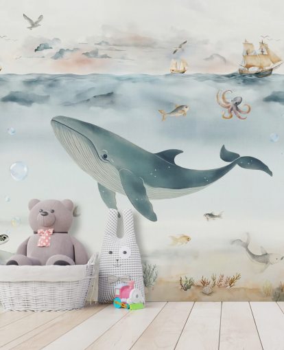 blå og grå børns havmaleri kaldet Gentle Ocean af Elena Pavlova til børnehaver og soveværelser