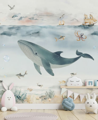 mural marino infantil azul y gris llamado Gentle Ocean de Elena Pavlova para guarderías y dormitorios