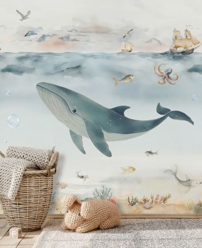 blå og grå børns havmaleri kaldet Gentle Ocean af Elena Pavlova til børnehaver og soveværelser