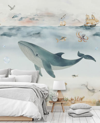 blauwe en grijze oceaanmuurschildering voor kinderen genaamd Gentle Ocean van Elena Pavlova voor kinderdagverblijven en slaapkamers blauwe en grijze oceaanmuurschildering voor kinderen genaamd Gentle Ocean van Elena Pavlova voor kinderdagverblijven en slaapkamers