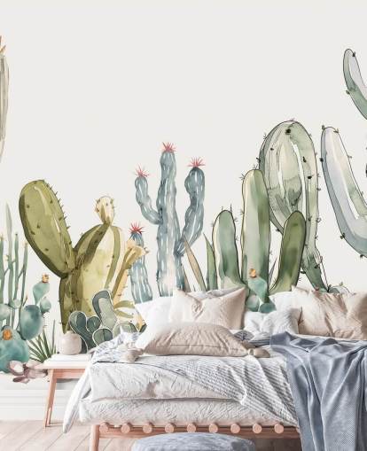 Grün-weißes kundenspezifisches Kaktus-Wandbild namens Watercolour Prickle von Elena Pavlova