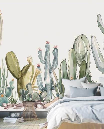 grønn og hvit tilpasset kaktus veggmaleri kalt Watercolor Prickle av Elena Pavlova