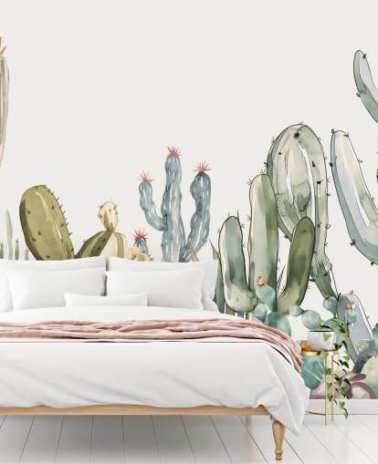green and white custom cactus wall mural called Watercolour Prickle by Elena Pavlova