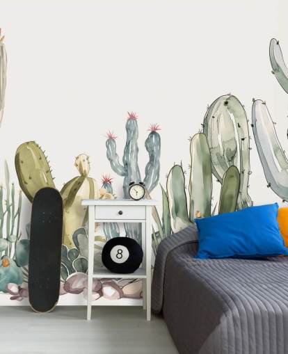 mural de pared de cactus personalizado verde y blanco llamado Watercolour Prickle de Elena Pavlova
