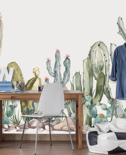 green and white custom cactus wall mural called Watercolour Prickle by Elena Pavlova green and white custom cactus wall mural called Watercolour Prickle by Elena Pavlova