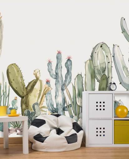 fresque murale personnalisée en forme de cactus vert et blanc appelée Watercolour Prickle par Elena Pavlova