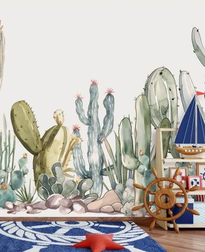 green and white custom cactus wall mural called Watercolour Prickle by Elena Pavlova