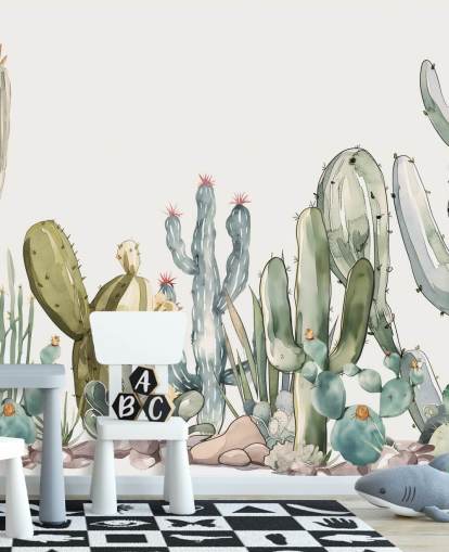 green and white custom cactus wall mural called Watercolour Prickle by Elena Pavlova green and white custom cactus wall mural called Watercolour Prickle by Elena Pavlova