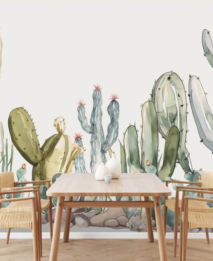 murale personalizzato con cactus verde e bianco chiamato Watercolour Prickle di Elena Pavlova murale personalizzato con cactus verde e bianco chiamato Watercolour Prickle di Elena Pavlova