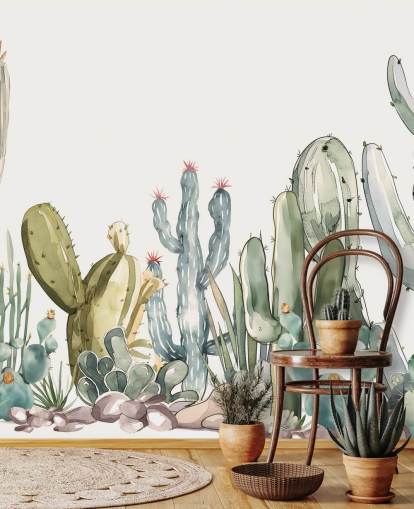 green and white custom cactus wall mural called Watercolor Prickle by Elena Pavlova