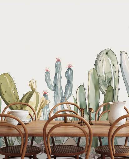 green and white custom cactus wall mural called Watercolour Prickle by Elena Pavlova green and white custom cactus wall mural called Watercolour Prickle by Elena Pavlova