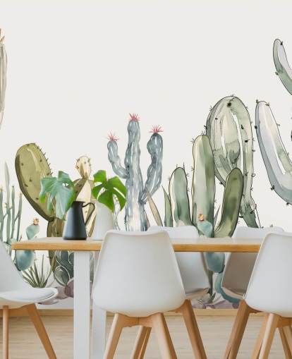 mural de parede de cacto personalizado em verde e branco chamado Watercolour Prickle de Elena Pavlova mural de parede de cacto personalizado em verde e branco chamado Watercolour Prickle de Elena Pavlova