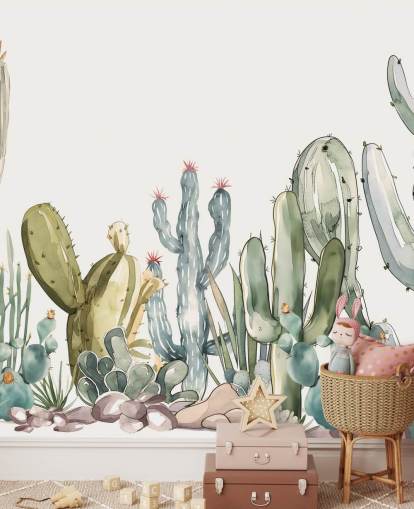 green and white custom cactus wall mural called Watercolor Prickle by Elena Pavlova