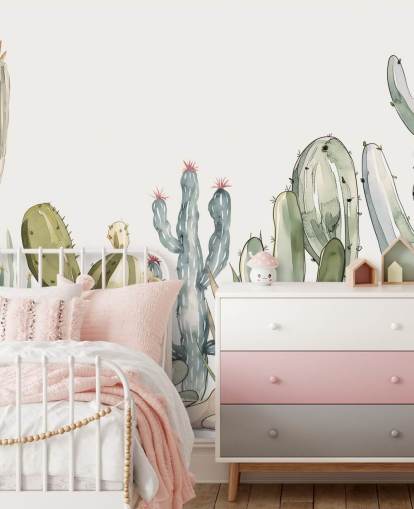 green and white custom cactus wall mural called Watercolour Prickle by Elena Pavlova